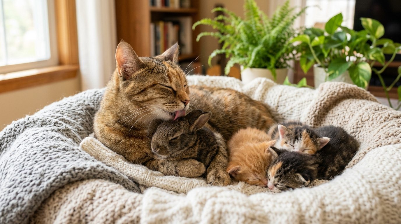 Quand une chatte adopte un lapereau : tendresse et réalité biologique