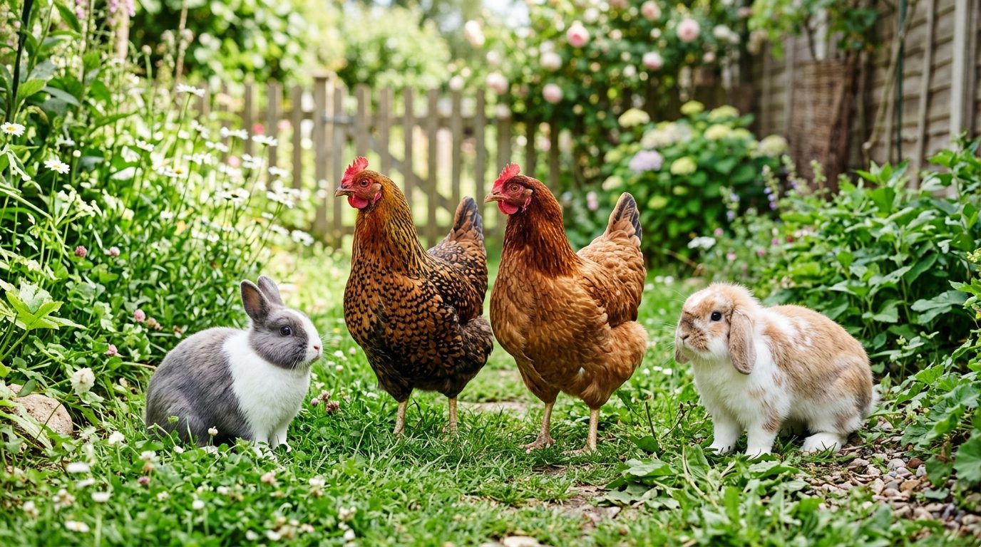 Des poulets jouent les médiateurs lors d’une bagarre de lapins