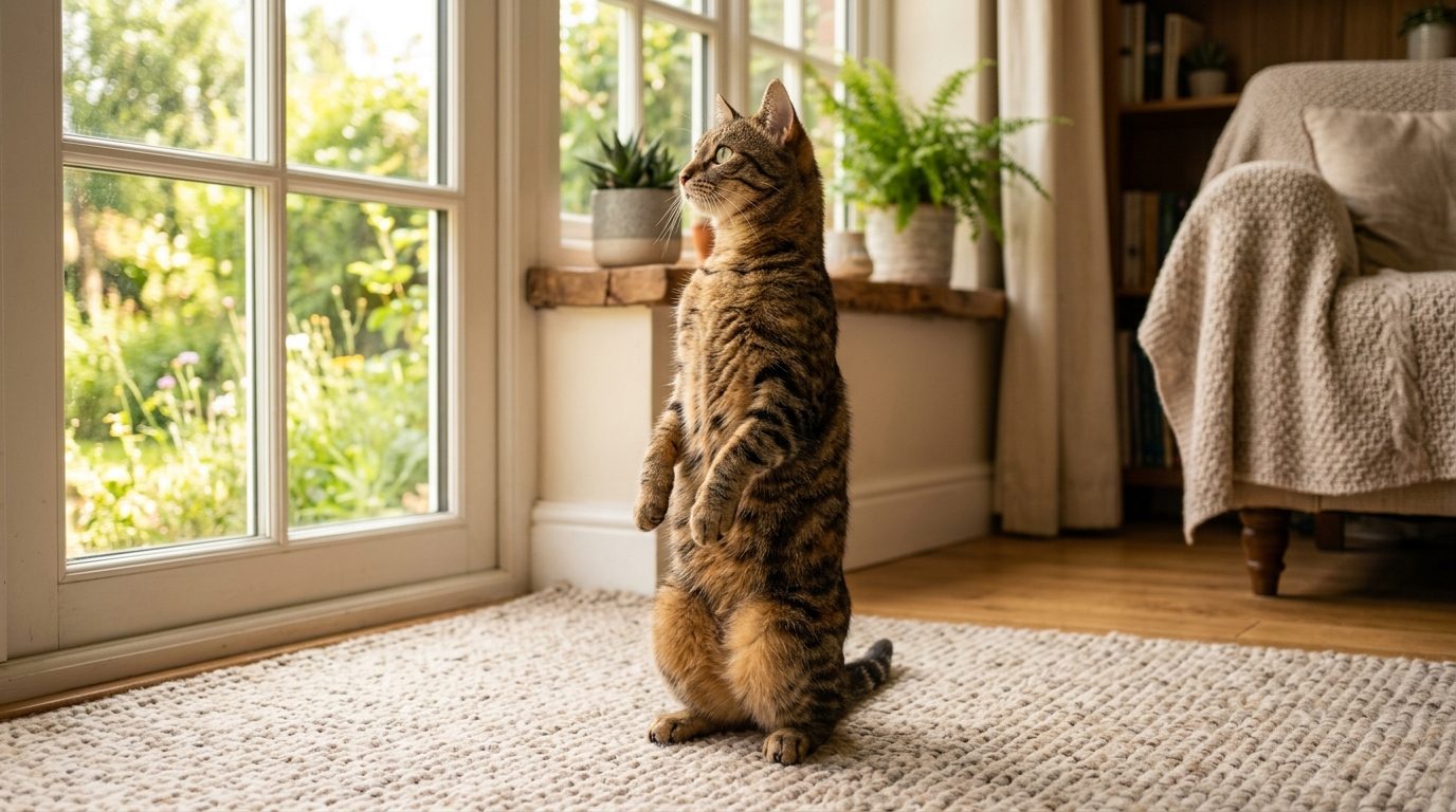 Chat tigré debout sur ses pattes arrière dans un salon chaleureux