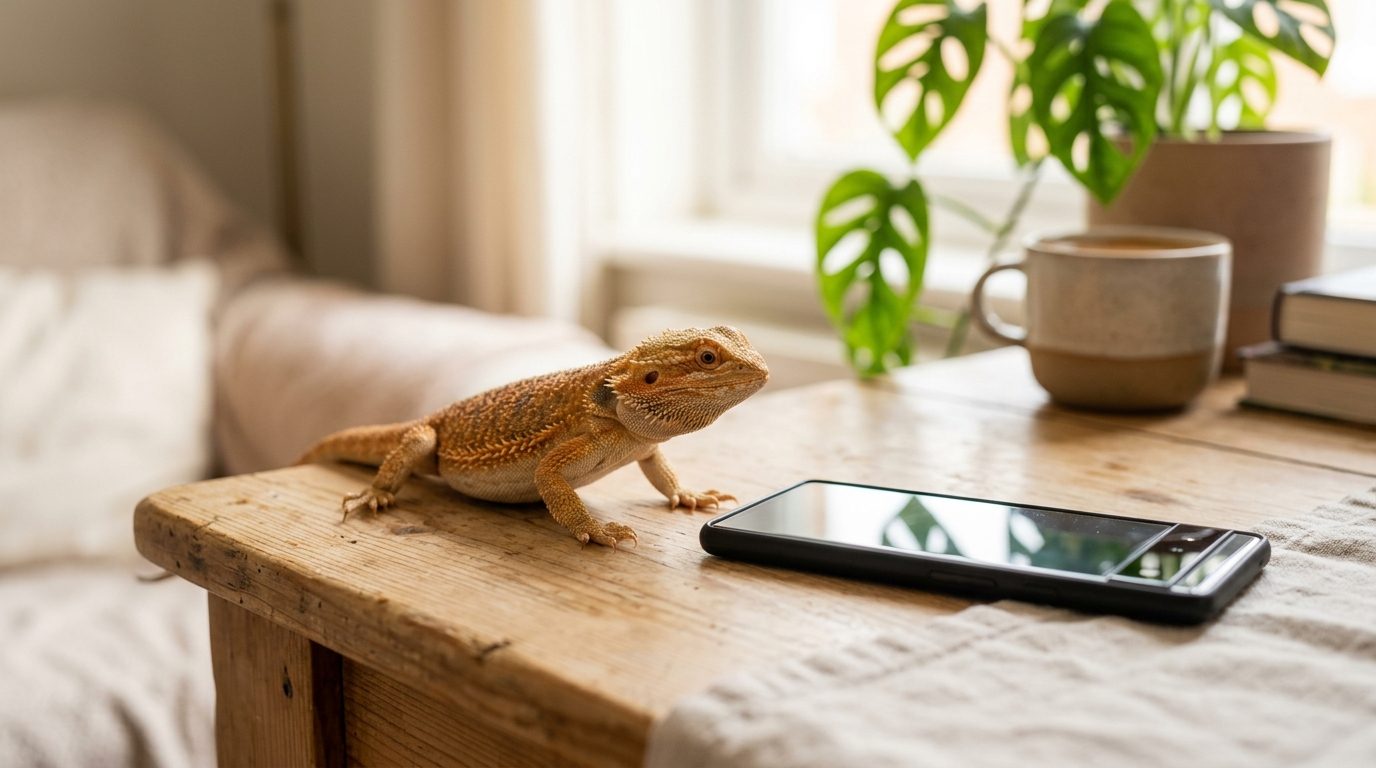 Petit lézard curieux observant l'écran lumineux d'un smartphone