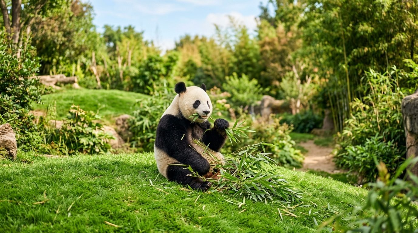 Panda géant mangeant des tiges de bambou dans un parc zoologique