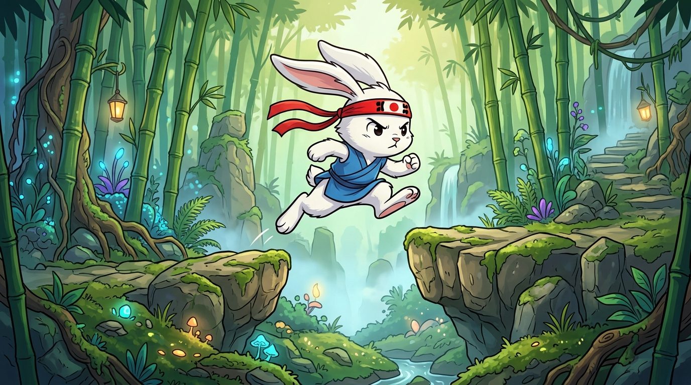 Illustration d'un lapin maître de kung-fu bondissant dans un décor asiatique stylisé
