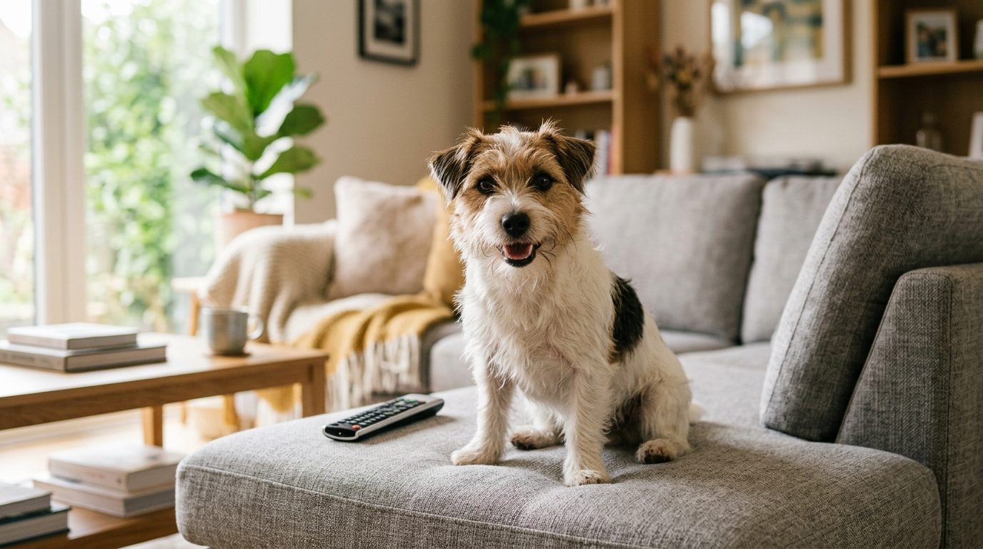 Un Jack Russell Terrier à poil dur assis sur un canapé à côté d'une télécommande