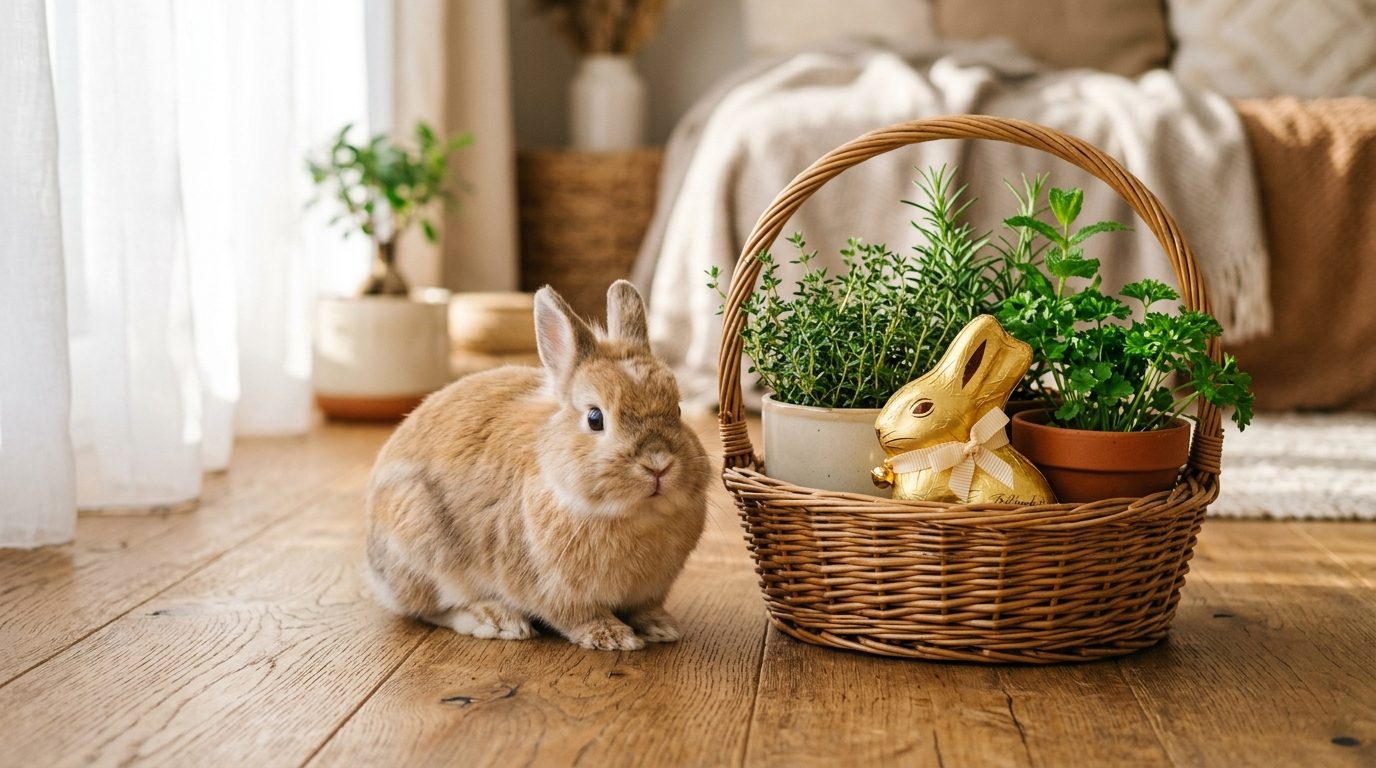 Un lapin de compagnie assis dans un décor printanier et festif de Pâques