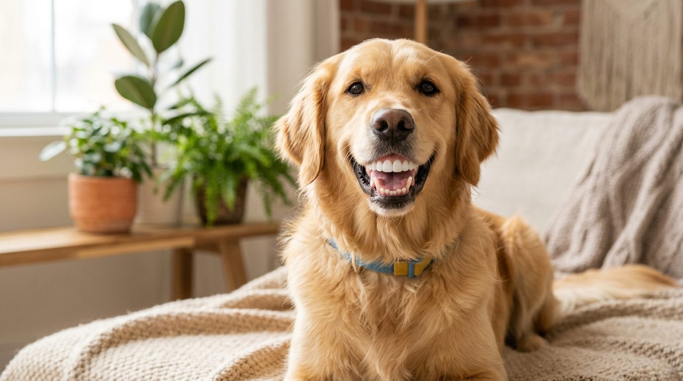 Chien arborant un sourire comique aux dents ultra-blanches