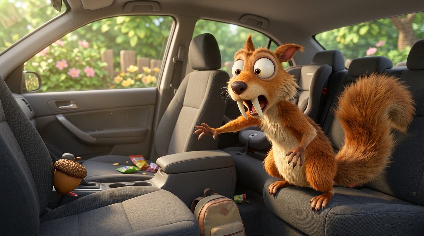 Illustration humoristique d'un écureuil préhistorique cartoon cherchant une noisette dans une voiture familiale