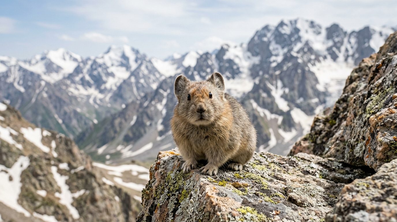 Un Ili Pika, petit mammifère montagnard cousin du lapin, perché sur un rocher en Chine