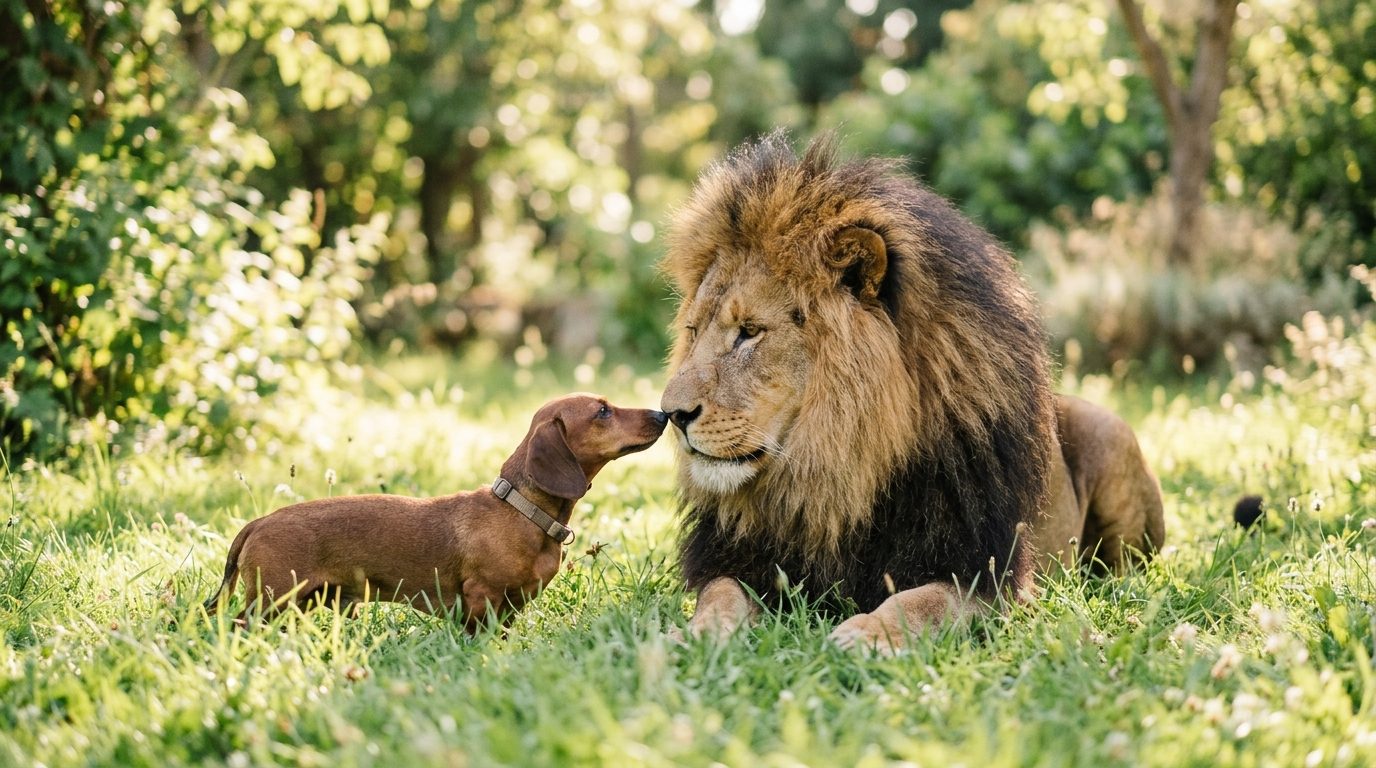 Un petit teckel complice aux côtés d'un grand lion couché dans l'herbe