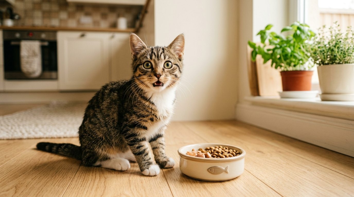 Chat domestique à l'expression surprise devant une coupelle