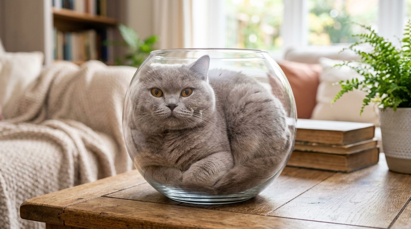 Gros chat dodu confortablement installé dans un bocal rond transparent