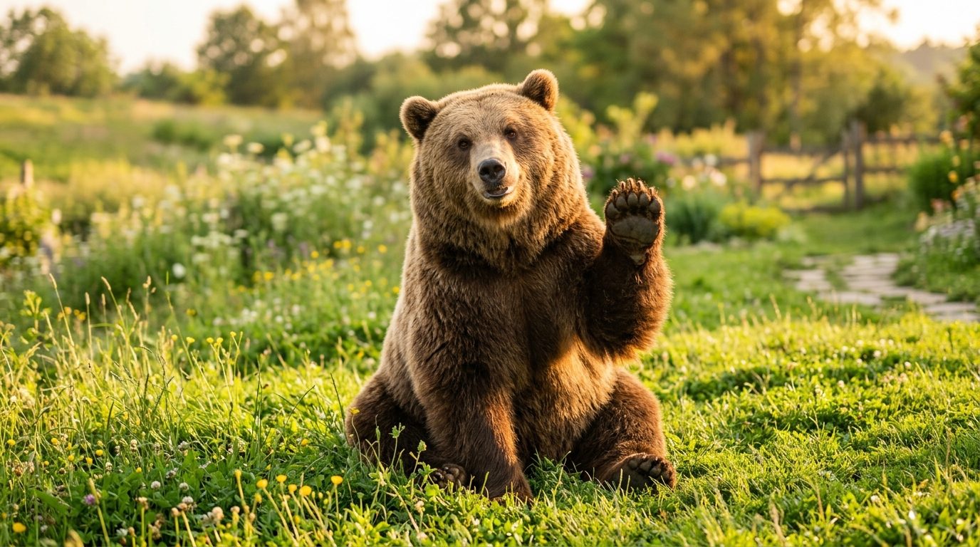 Un grand ours brun assis dans l'herbe levant la patte pour dire bonjour