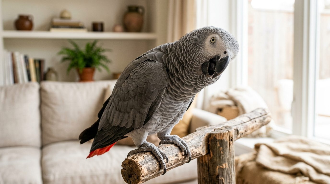 Un perroquet gris d'Afrique perché sur une branche semblant rire avec malice