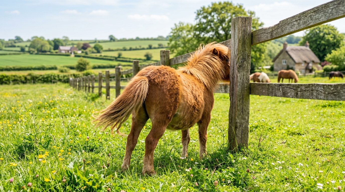 Petit poney se frottant joyeusement l'arrière-train contre un poteau de clôture en bois dans un pré verdoyant