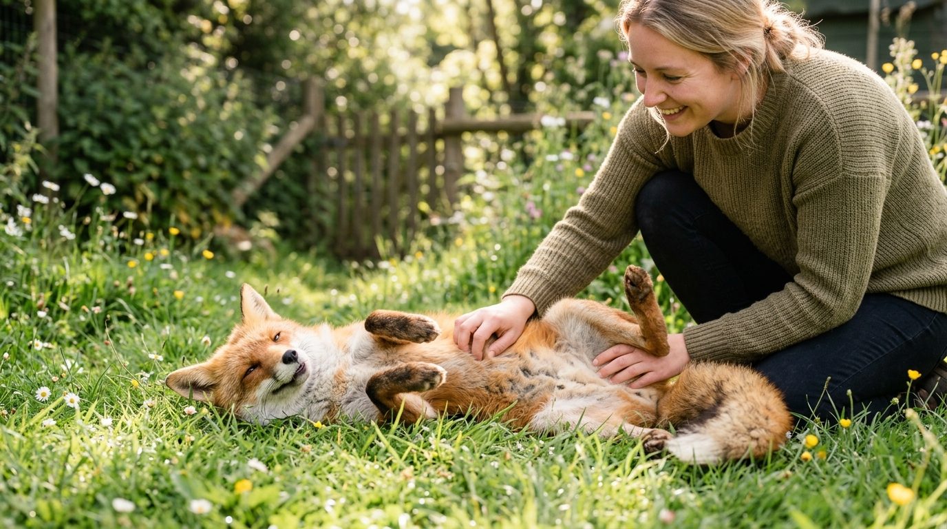 Renard apprivoisé couché sur le dos pour recevoir des caresses de son maître