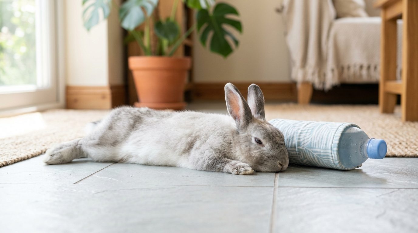 Lapin nain allongé sur du carrelage frais pour se protéger de la chaleur estivale