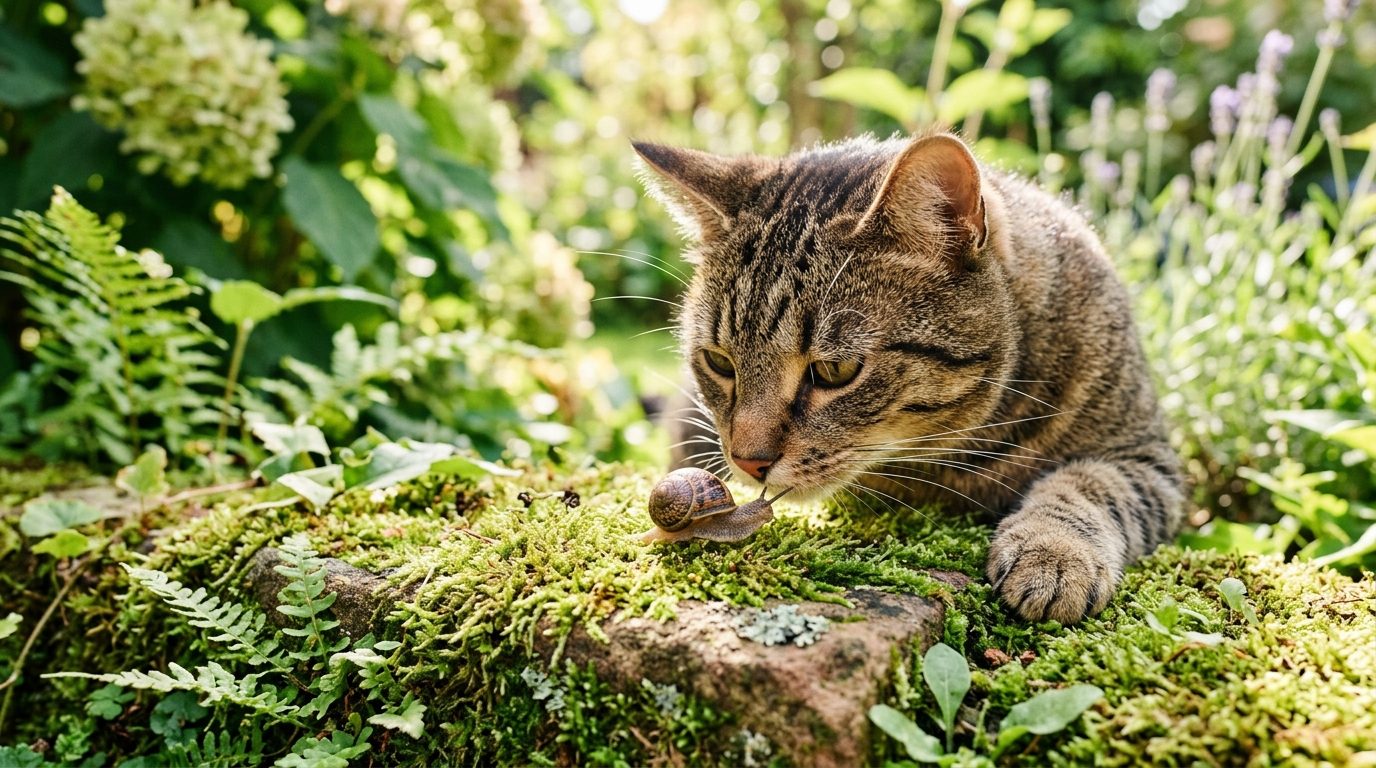 Chat curieux observant et reniflant un escargot posé sur une pierre dans un jardin