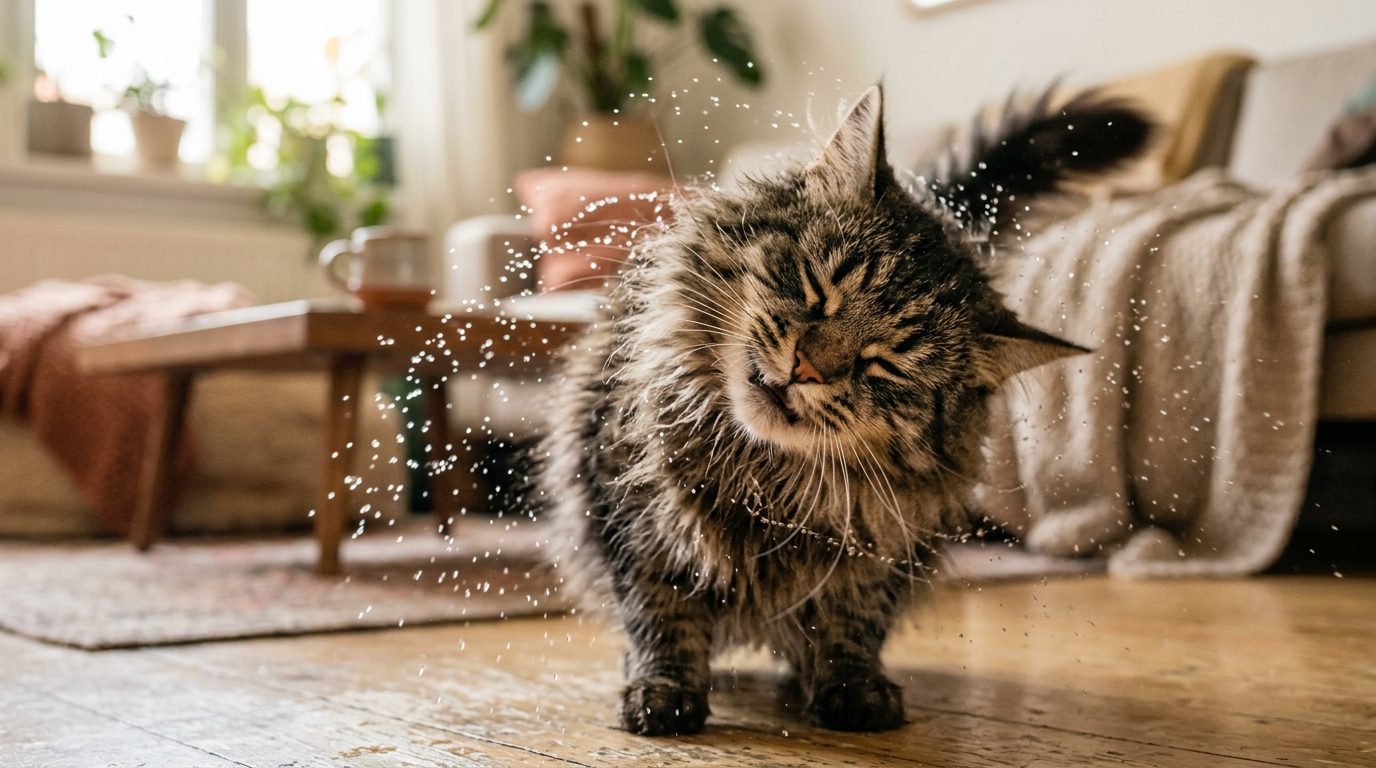 Chat à poils mi-longs secouant de l'eau de son pelage avec des gouttelettes volant dans les airs