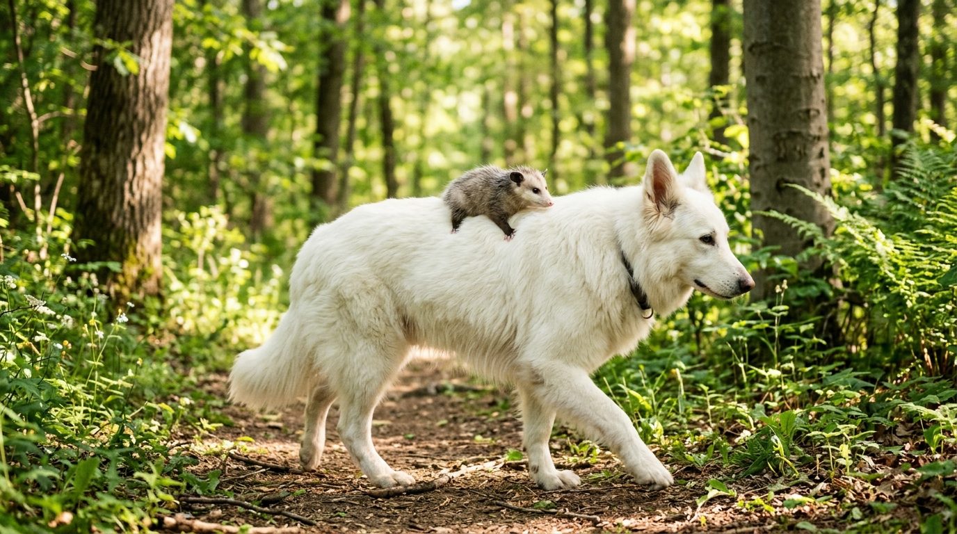 Une chienne blanche portant un petit opossum sur son dos en pleine promenade