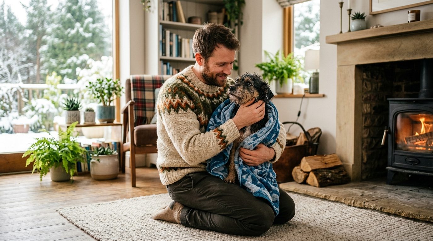 Un homme réconfortant son chien trempé après l'avoir sorti d'une rivière glacée en hiver