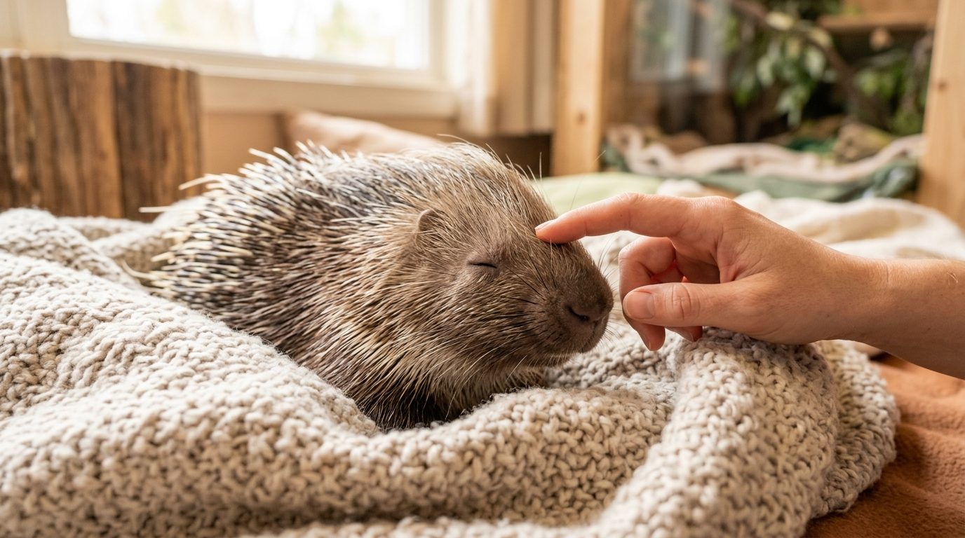 Un porc-épic recueilli recevant tendrement des caresses sur le museau