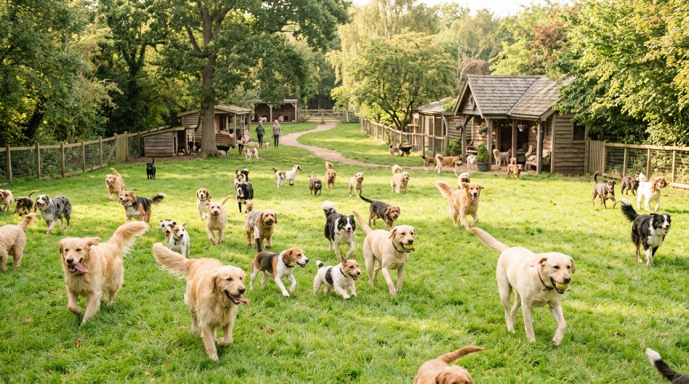 Une grande meute de chiens rescapés jouant librement dans un pré verdoyant
