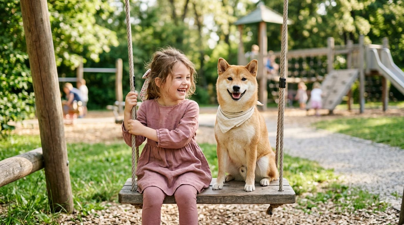Un chien Shiba Inu assis paisiblement sur une balançoire d'un terrain de jeu pour enfants