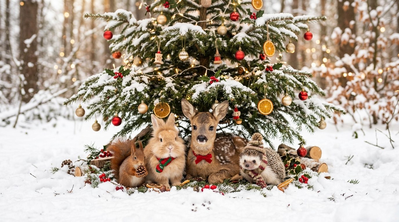 Animaux de la forêt et lapin réunis sous un sapin illuminé pour les fêtes de Noël