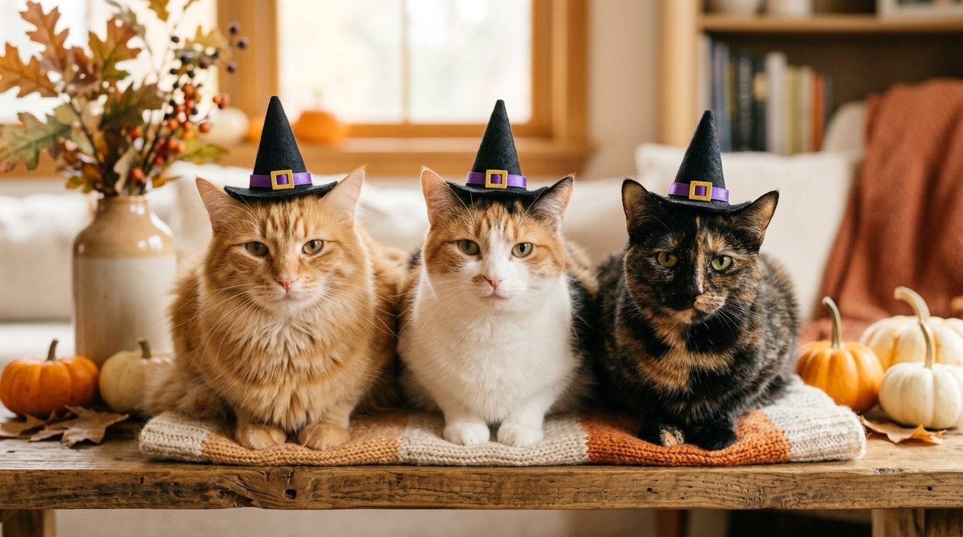 Trois chats calmes portant de petits chapeaux d'Halloween sur fond automnal