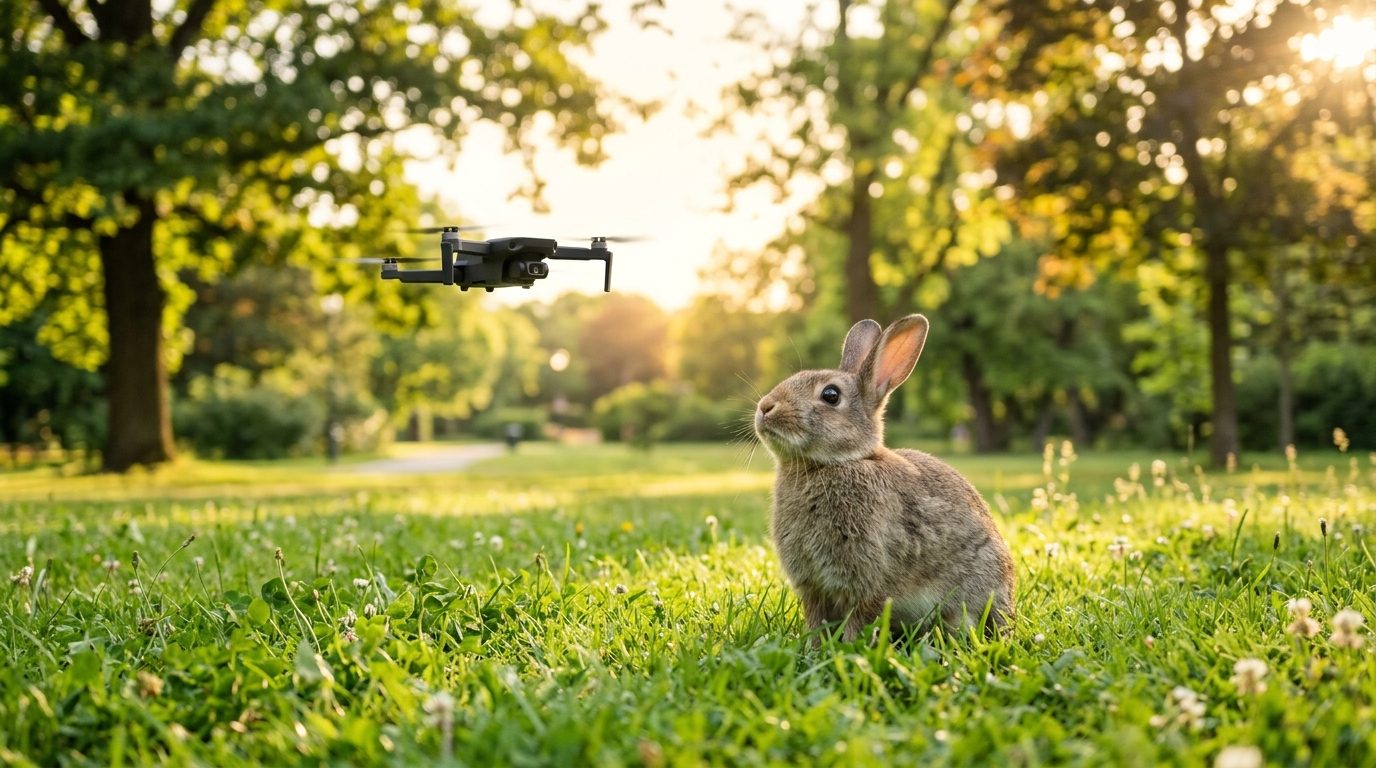 Un petit drone filmant un lapin dans un jardin ensoleillé
