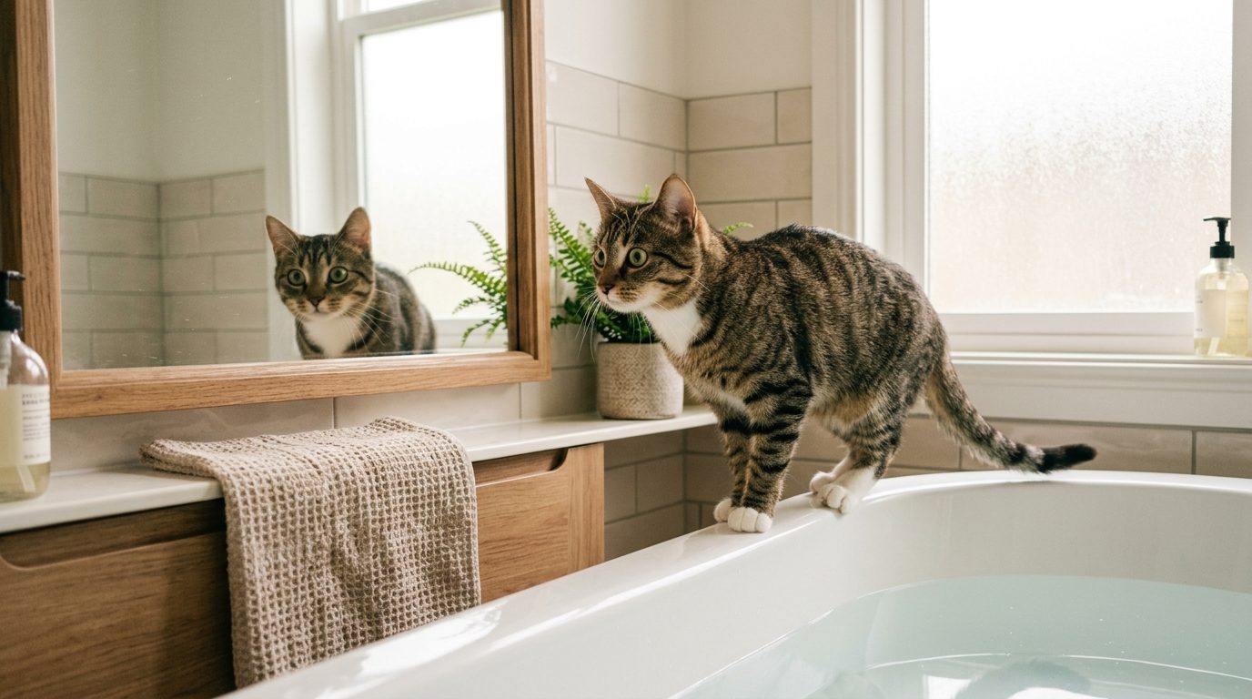 Chat curieux en équilibre sur le rebord d'une baignoire devant un miroir