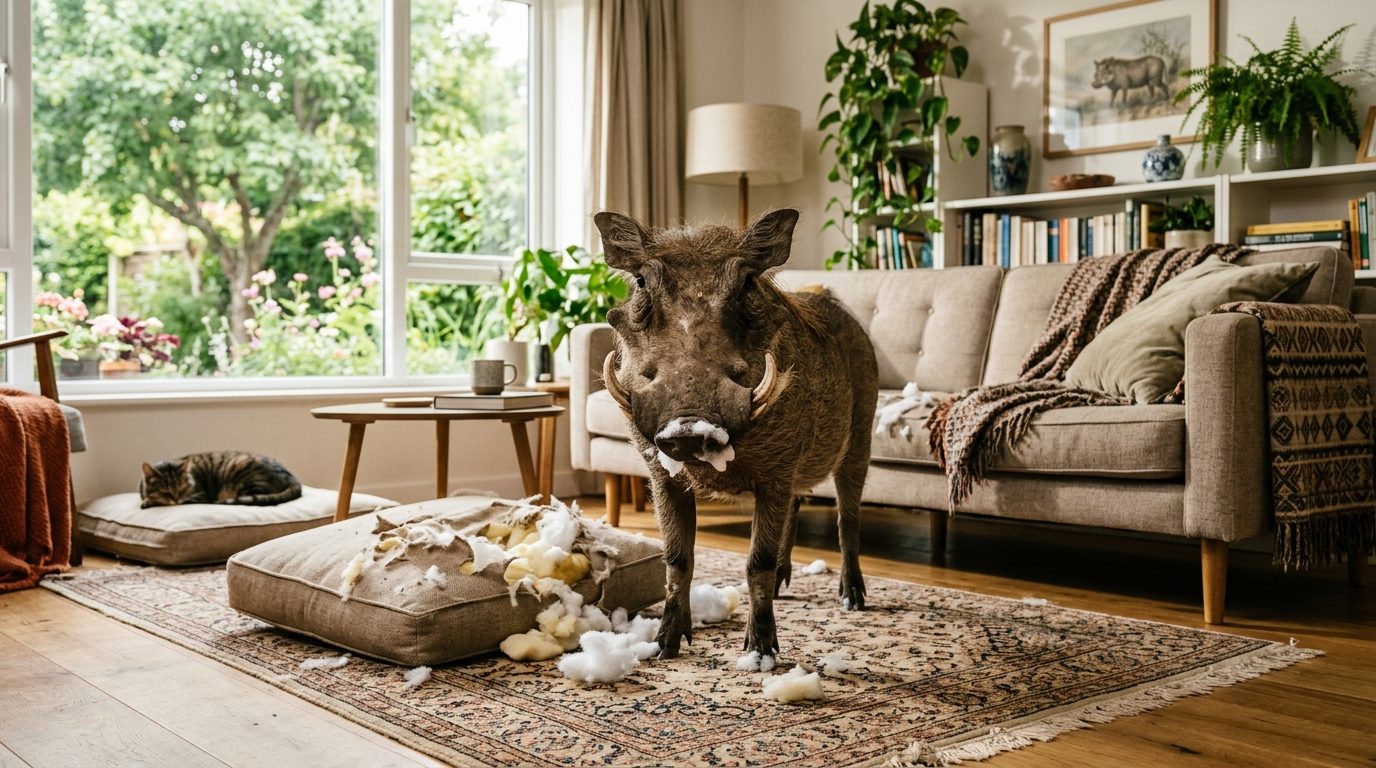 Un phacochère dans un salon moderne en train de causer des bêtises, clin d'œil à la pub Canal+