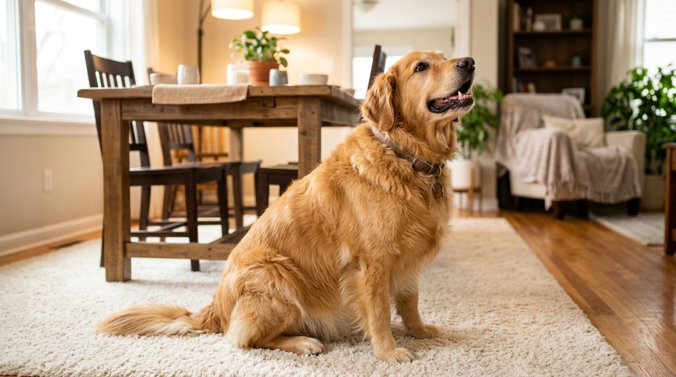 Un gros chien assis sur un tapis de salon attendant des friandises