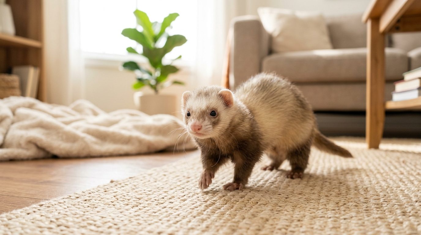 Un furet domestique curieux explorant une pièce de vie