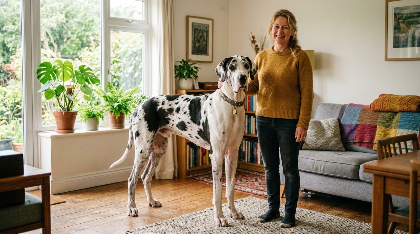 Zeus le dogue allemand géant debout aux côtés de sa famille