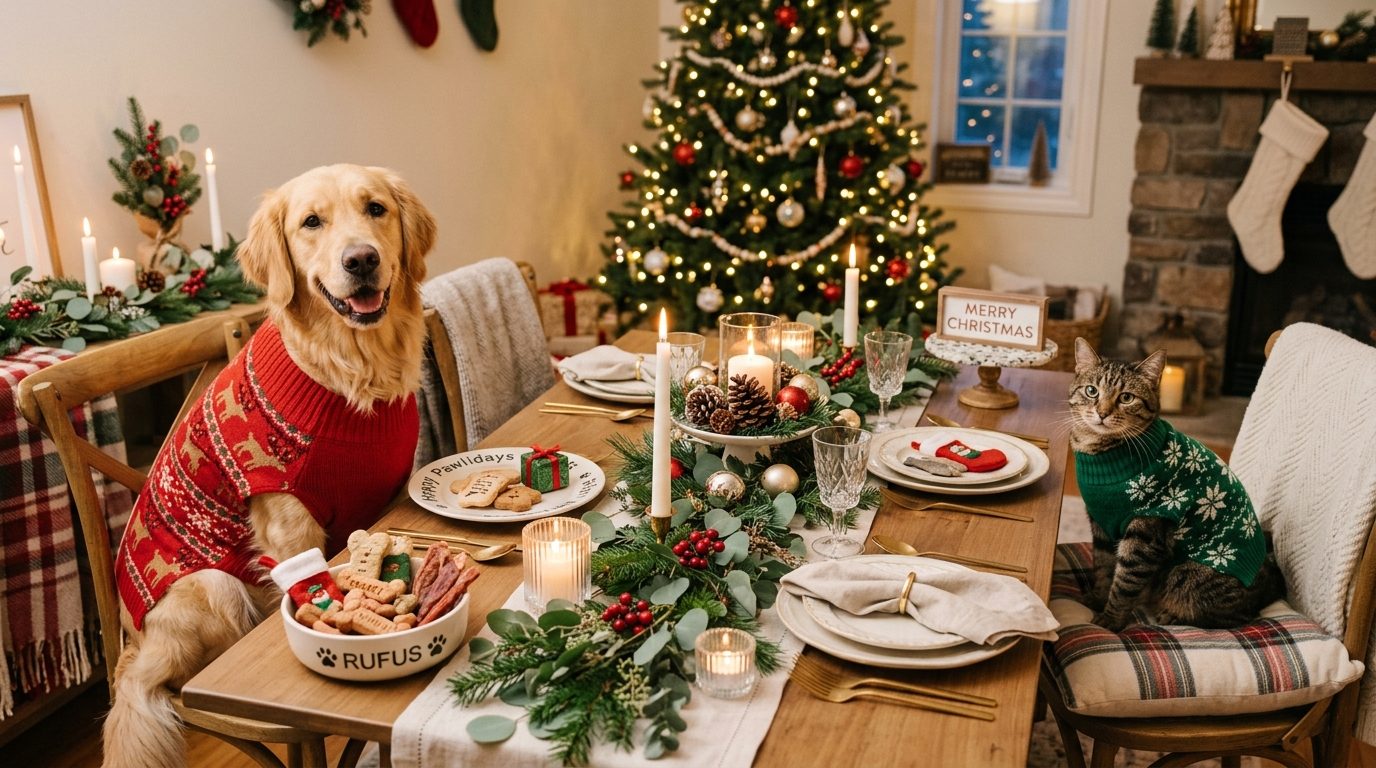 Animaux de compagnie costumés assis autour d'une table festive pour le réveillon de Noël