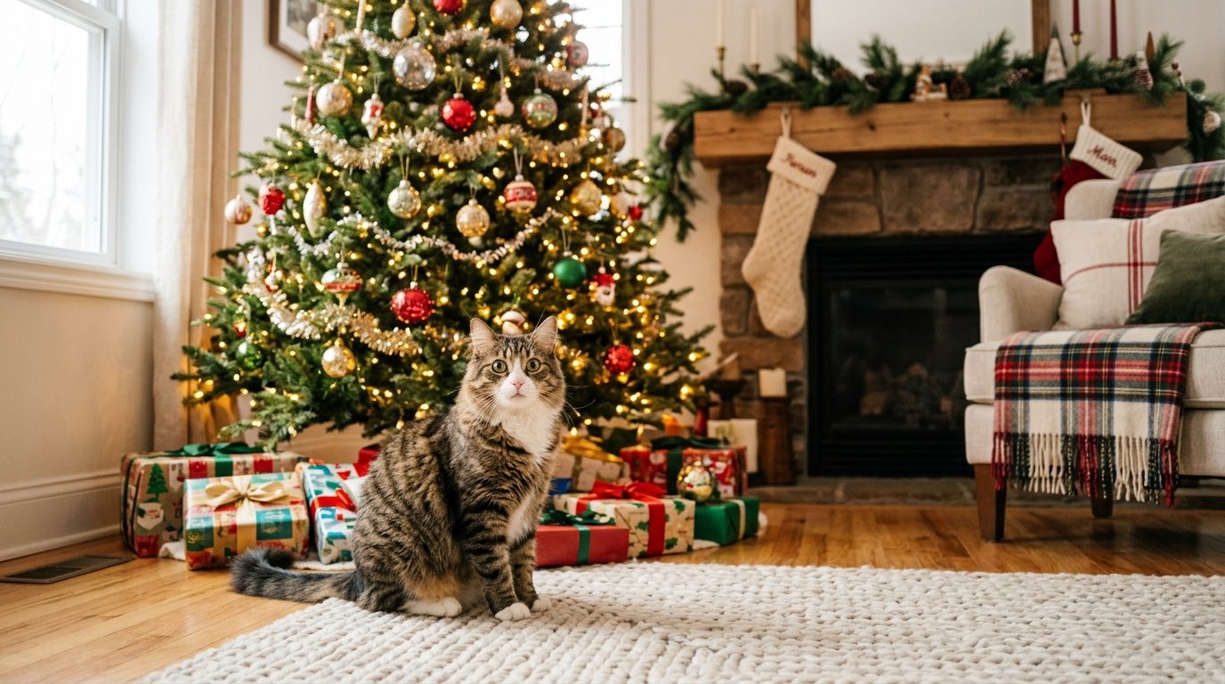 Mog le chat assis près du sapin de Noël dans un salon chaleureux