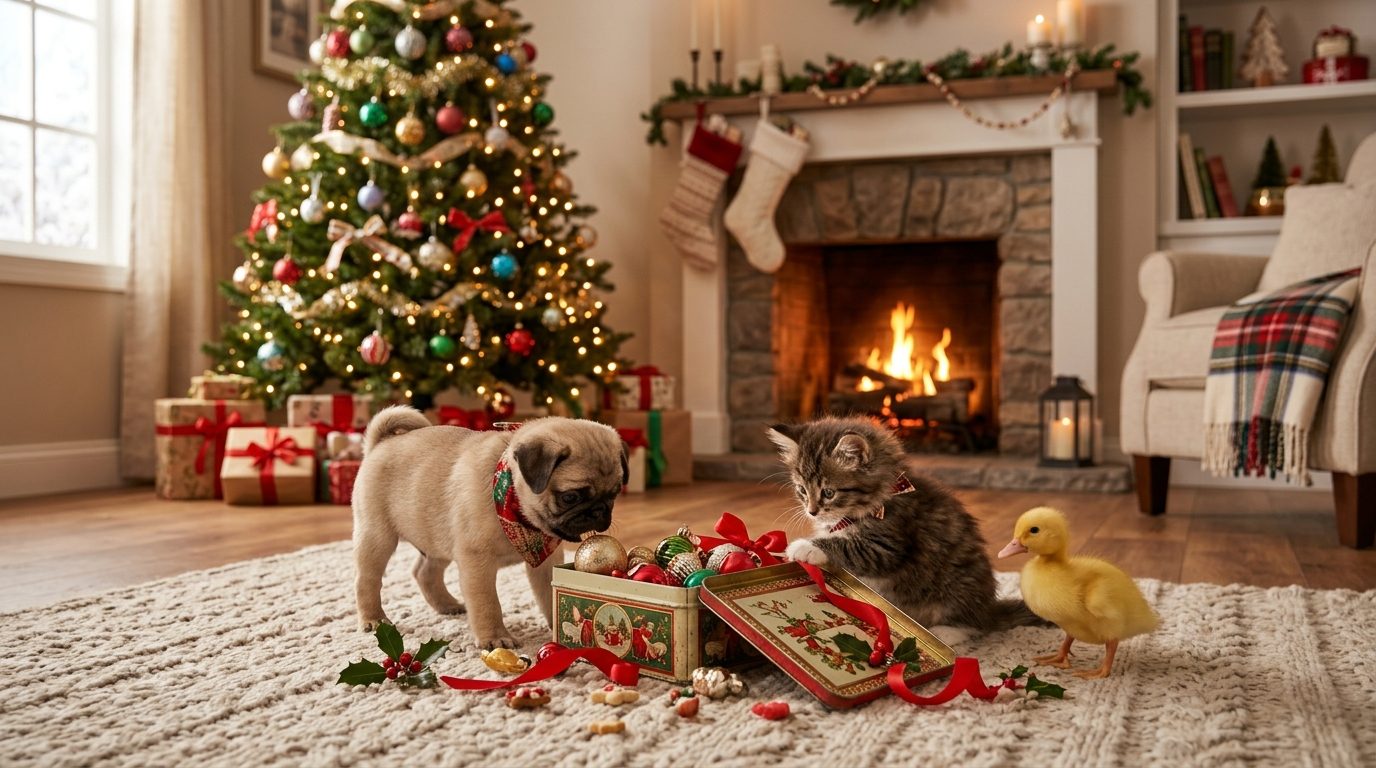 Petits bébés animaux mignons réunis près d'une boîte de Noël dans un salon chaleureux
