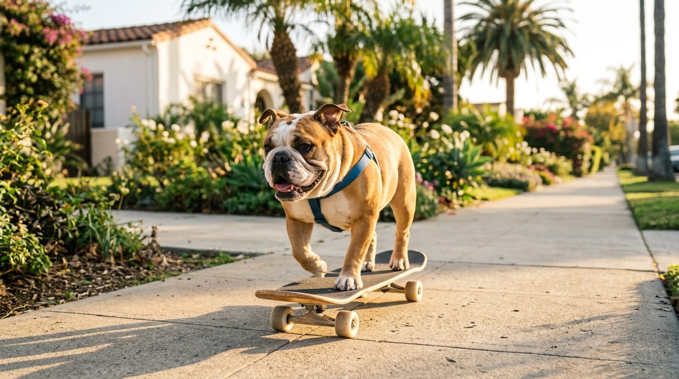 Tillman le bouledogue anglais en train de faire du skateboard sur un trottoir ensoleillé