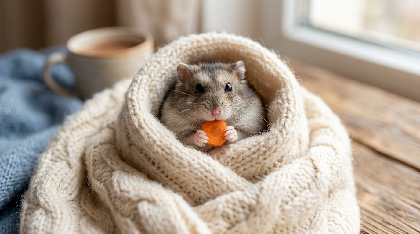 Petit hamster tout mignon emmitouflé dans un tissu tenant un morceau de carotte entre ses pattes