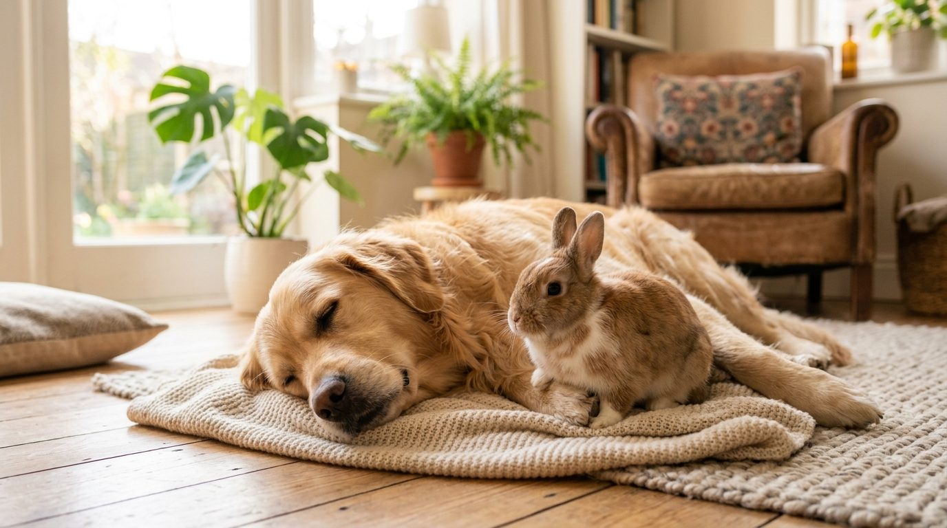 Un lapin nain et un chien golden retriever se reposant paisiblement côte à côte