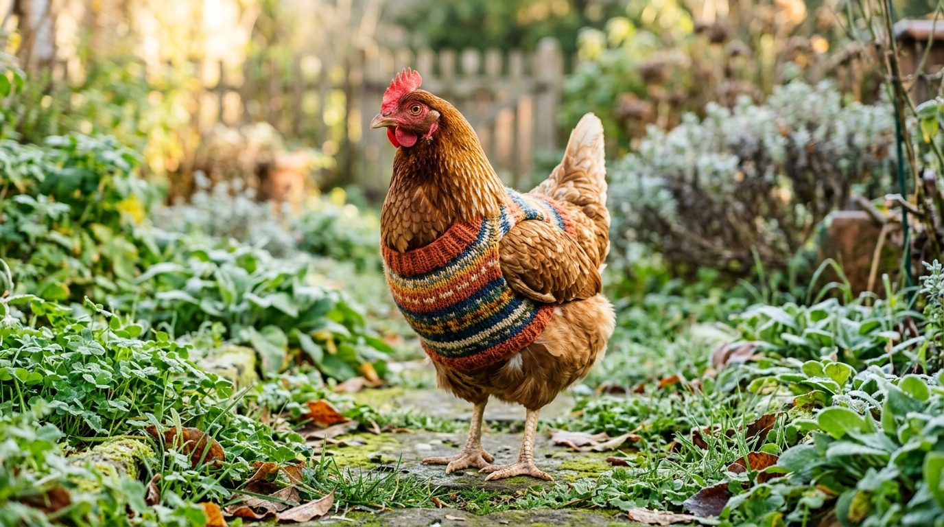 Une poule portant un pull en laine tricoté pour se protéger du froid hivernal