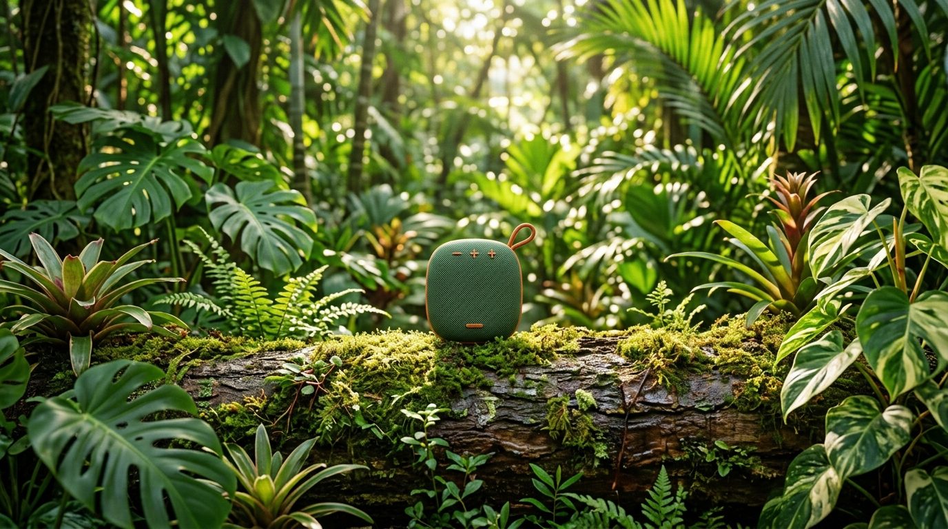 Enceinte portable moderne posée dans un décor de jungle tropicale