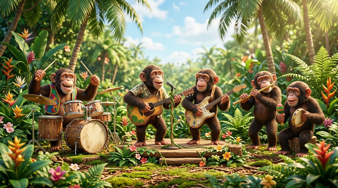 Illustration 3D de chimpanzés jouant de la musique au milieu d'une jungle luxuriante
