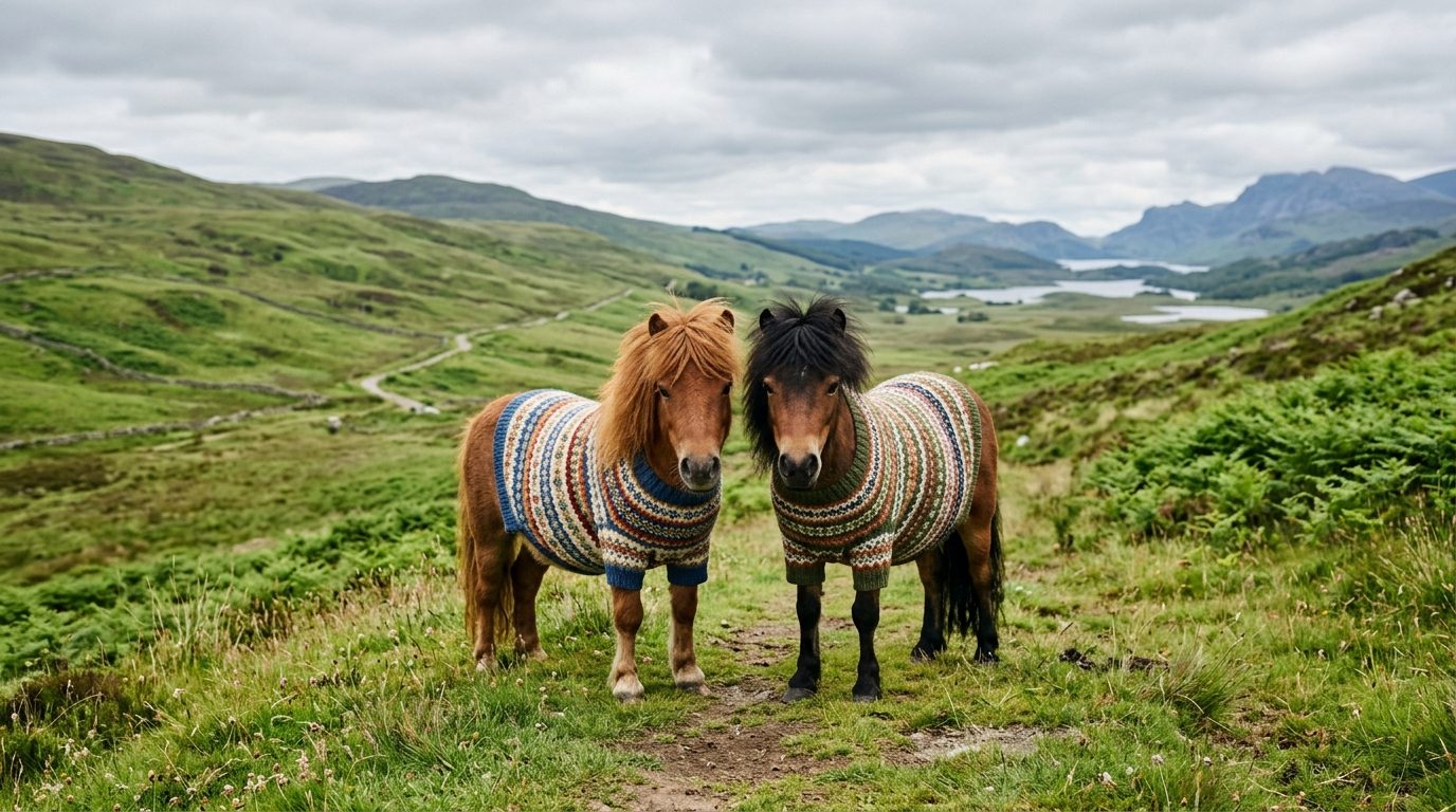 Deux poneys Shetland portant des pulls en laine tricotés dans la campagne écossaise