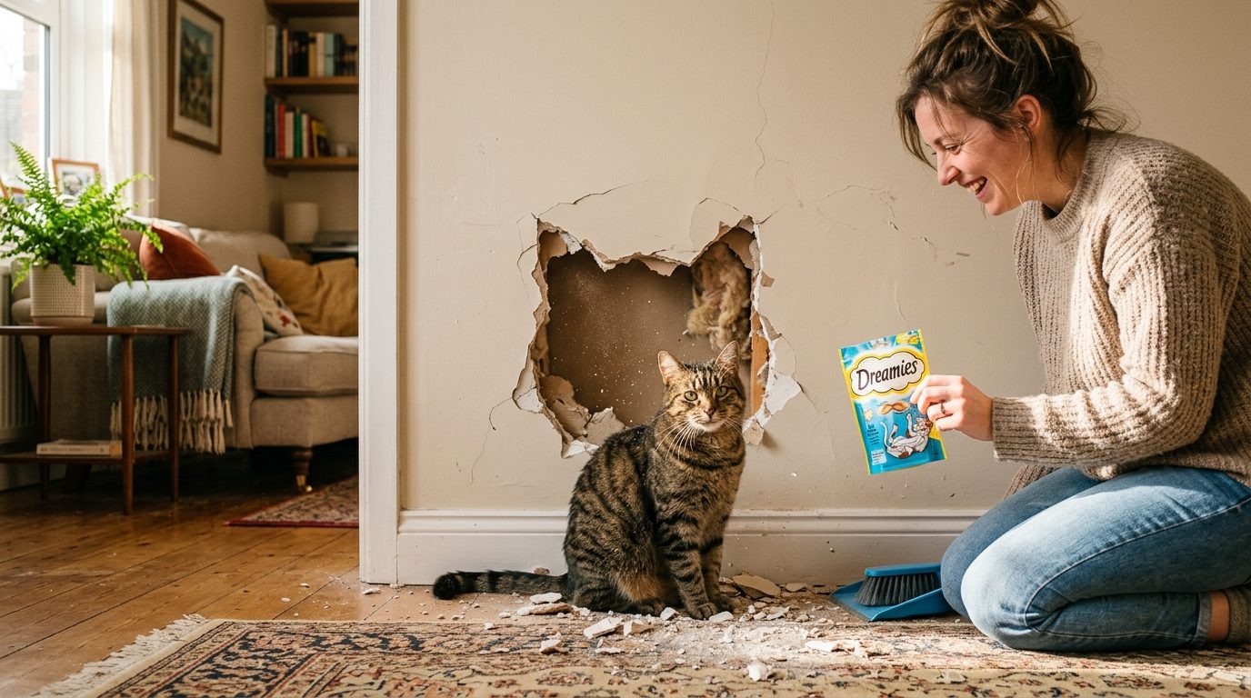 Chat roux et silhouette découpée dans un mur de salon pour une publicité humoristique