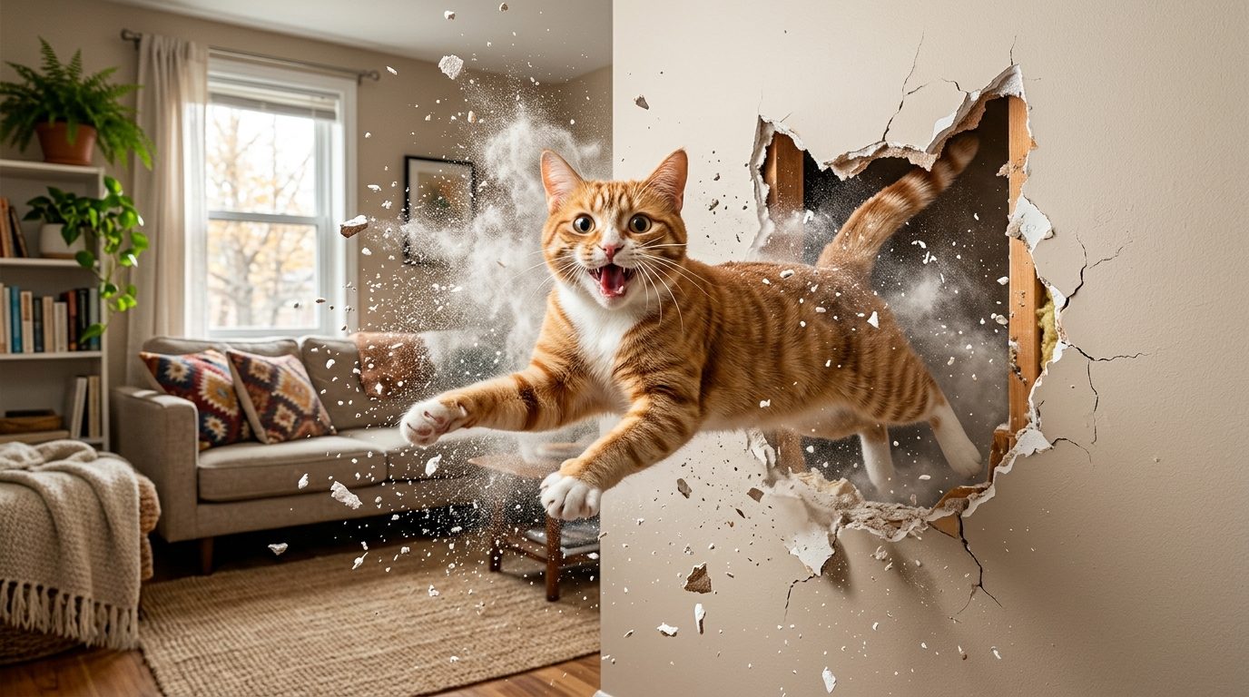 Chat traversant avec humour une cloison de maison pour attraper des friandises