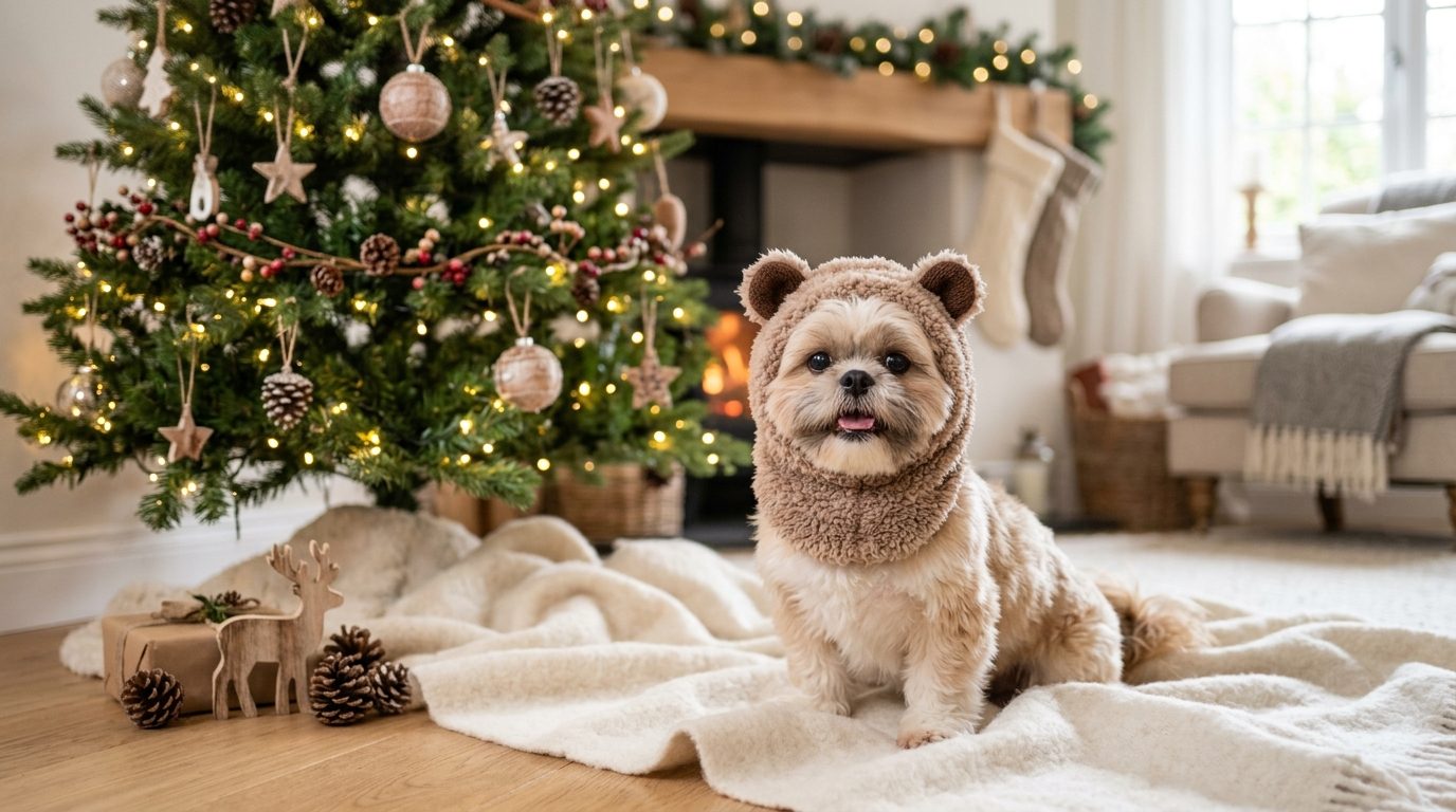 Petit chien portant un bonnet style Ewok de Star Wars près d'un sapin de Noël
