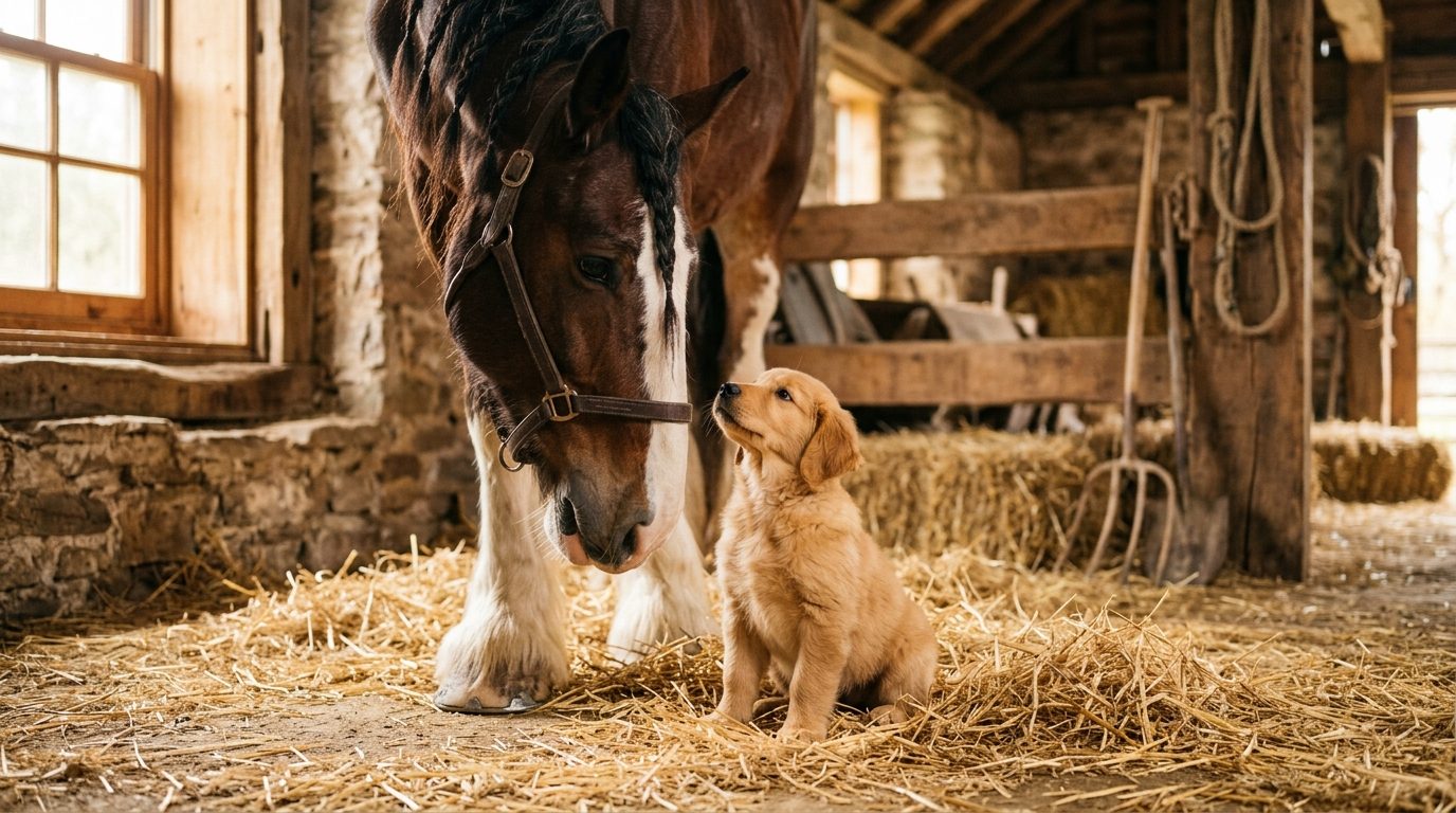 Un chiot golden retriever assis devant un grand cheval de trait dans une écurie chaleureuse