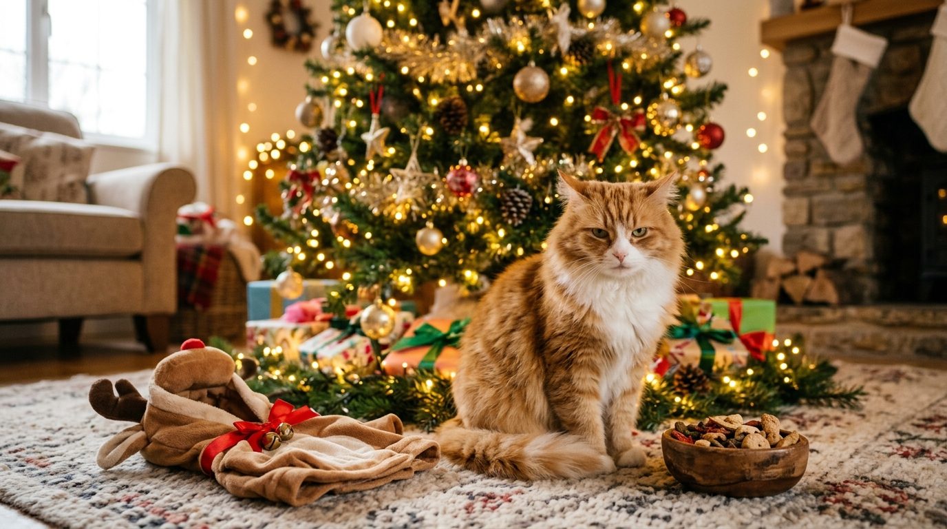 Un chat assis sous un arbre de Noël illuminé avec des friandises festives posées à ses côtés