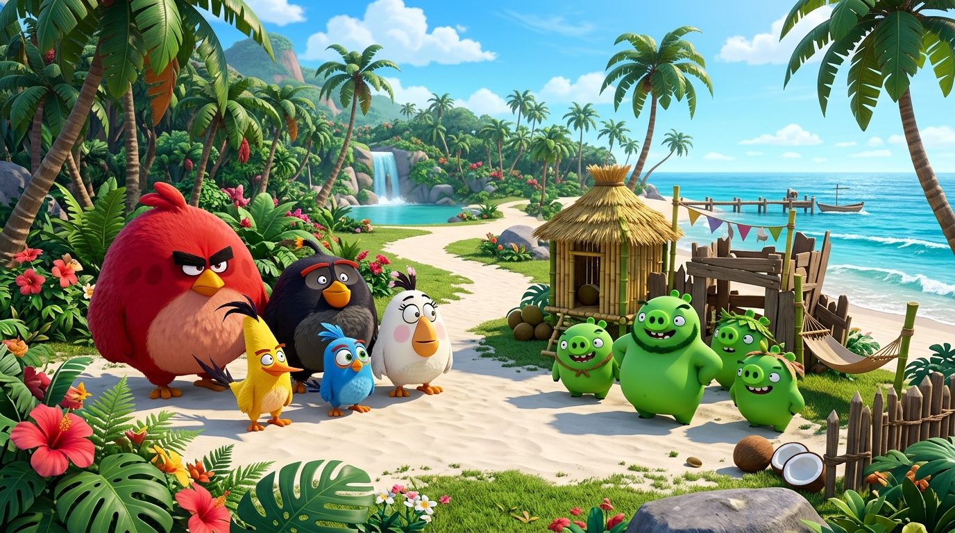 Illustration colorée d'oiseaux animés et de cochons sur une île paradisiaque